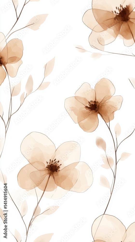 Poster delicate floral pattern with translucent petals and branches against a white background creating a s