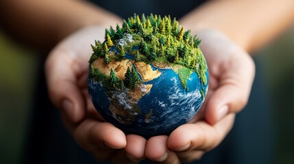 Earth in hands, lush forests