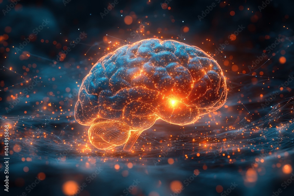 Poster creative representation of a glowing brain with swirling lights in a dark abstract background