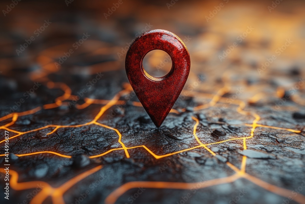 Poster red location pin stands prominently on a textured ground representing digital mapping and navigation