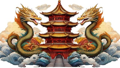 Fototapeta premium Vibrant Chinese Pagoda Surrounded by Majestic Dragons and Ethereal Clouds in Rich Colors and Details