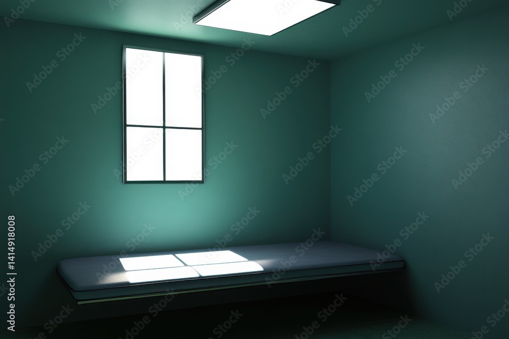 Poster eerie teal room with window and bed casting light shadows creating a somber mood in a sparse setting