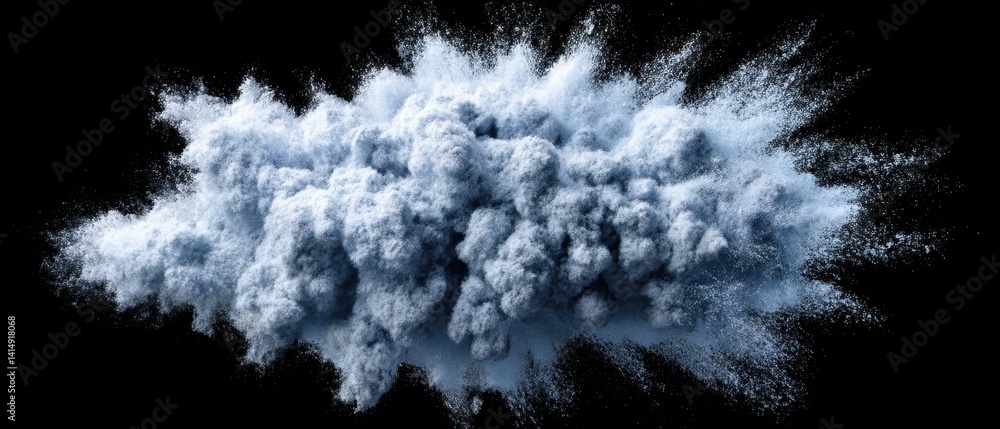 Poster ethereal cloud of white powder explosion against black backdrop captures dynamic movement and textur