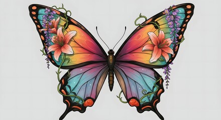 Floral Butterfly Illustration with Vibrant Colors and Detailed Wing Patterns
