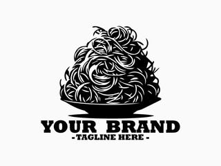 Minimalist line drawing of a tangled portion of long spaghetti noodles presented on a round shallow plate. spaghetti food concept, spaghetti food illustration vector and spaghetti logo design