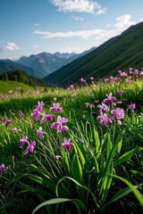 Fototapeta premium purple flowers in a field with mountains in the background