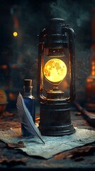 Obraz premium Mysterious antique lantern, moonlit night scene, vintage quill, aged paper, mystical glow