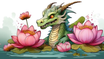 Naklejka premium Colorful Dragon Surrounded by Beautiful Lotus Flowers in a Serene Water Setting for Fantasy Art Enthusiasts