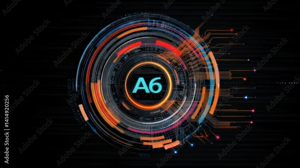 Poster abstract digital interface with circular design, glowing elements, and technological symbols in vibr