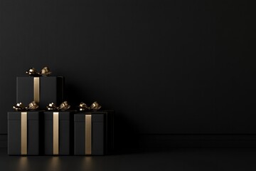 Elegant black gift boxes with gold ribbons arranged against dark