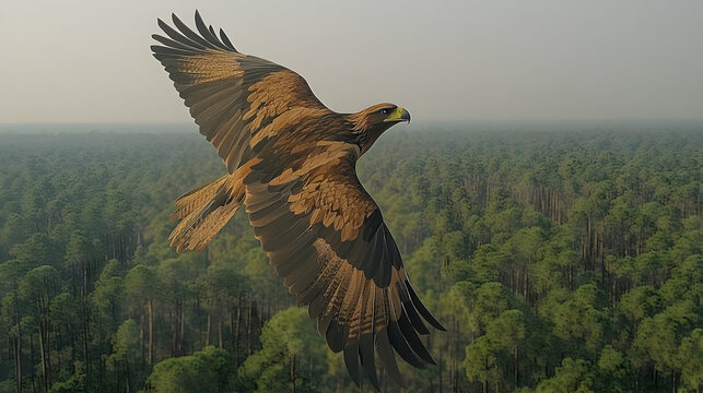 Bird soars gracefully with expansive wingspan over vast forest canopy bathed in hazy sunlight showcasing majestic fli