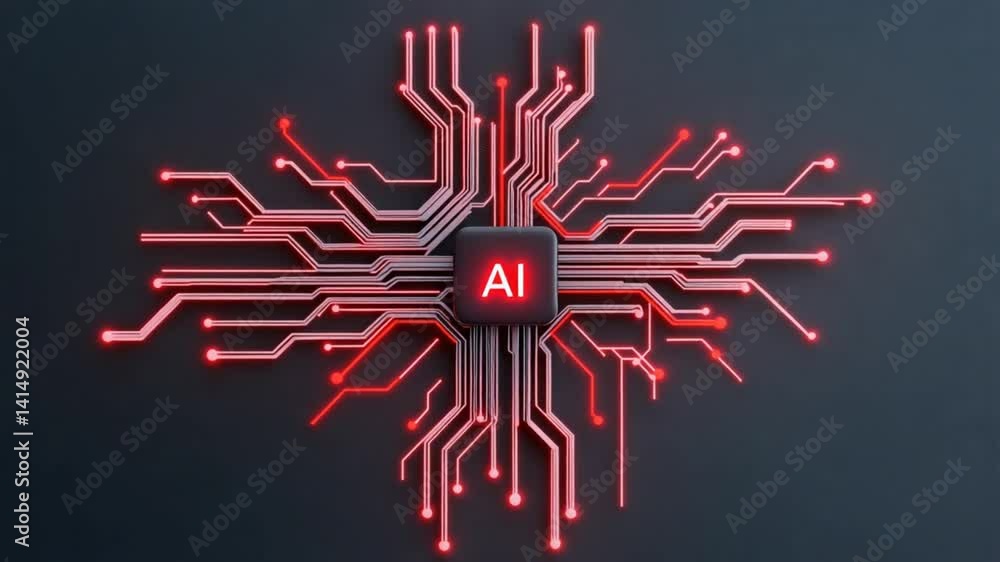Poster abstract digital art of ai circuitry with red lights on black background representing technology and