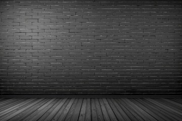 Fototapeta premium Empty interior with dark brick wall and wood floor, minimalistic graphic style, gradient gray background. Concept of modern architecture. Ai generative