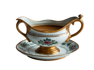Exquisite Vintage Gravy Boat with Saucer, Adorned with Delicate Floral Patterns and Gilded Accents, Showcasing Timeless Elegance and Refined Culinary Presentation