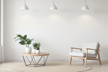 Modern minimalist living room with wooden armchair, round table, green plants and pendant lights on beige carpet, neutral wall background. Ai generative