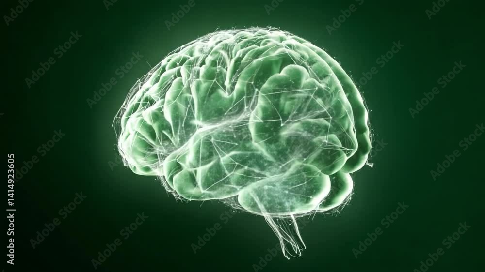 Poster a smart tech brain with light pulses and smooth synthetic surface, floating alone over bright green 