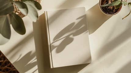 Photorealistic hardcover book mockup on minimalist desk, soft natural light and shadows, blank cover, cozy modern aesthetic, top view,. High quality photo