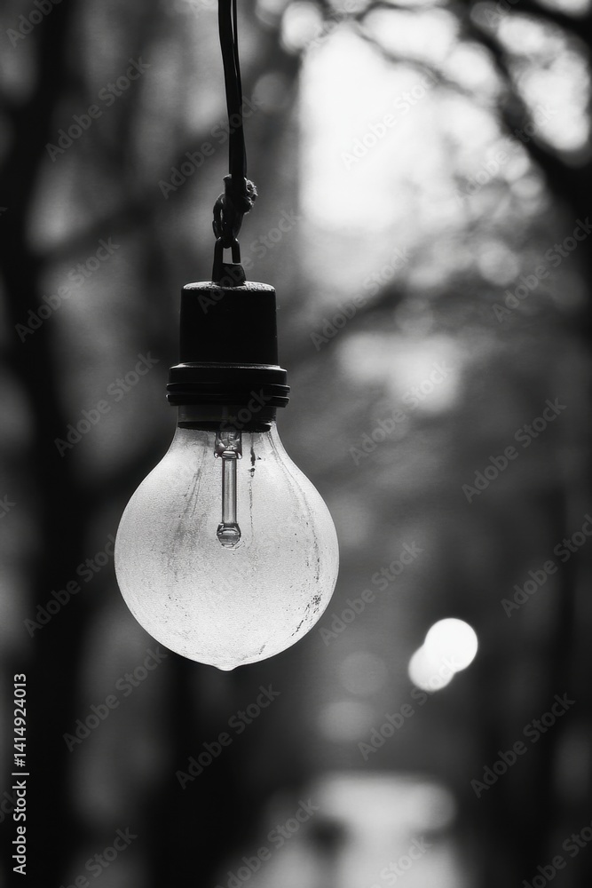 Poster suspended incandescent lightbulb in monochrome with blurred background of trees and streetlights cre