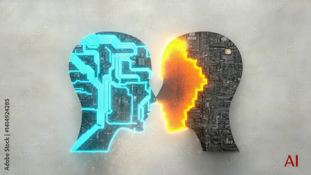 Poster abstract representation of human connection and technology merging in a colorful digital landscape
