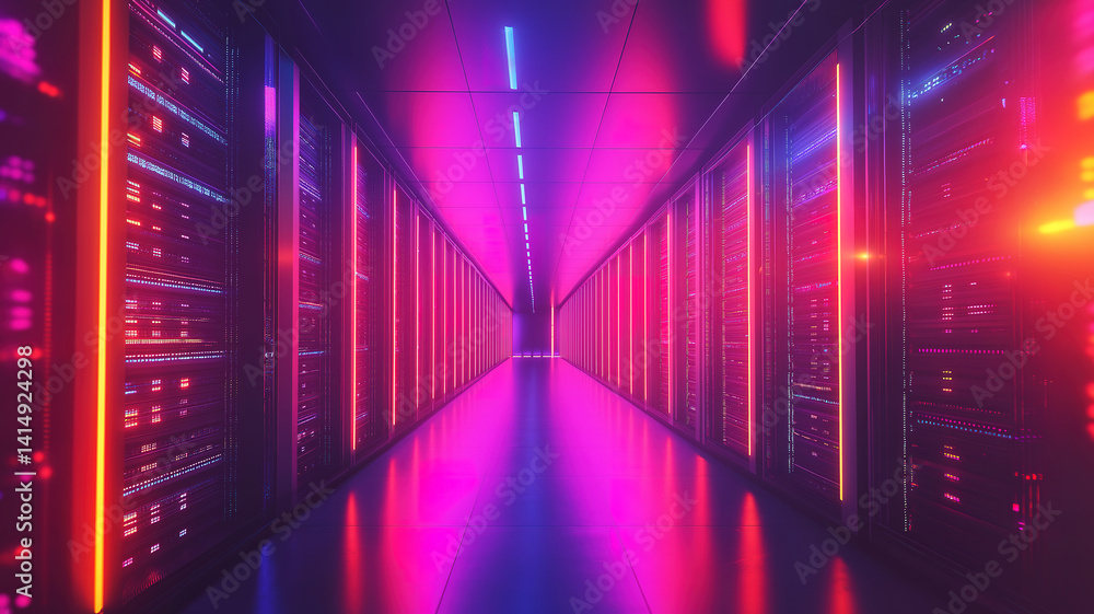 Poster corridor in a working data center with rack servers, supercomputers, and cloud storage integration