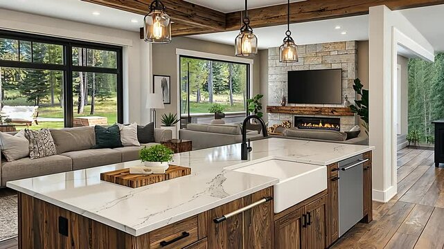 Luxurious open-concept kitchen with island, living room, fireplace, and outdoor view