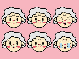 Cute Cartoon Character Facial Grandmother Expressions Set