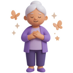Mental Health :Elderly woman in purple clothing with butterflies and stars around her represents mental health themes