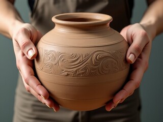 ceramic A woman is holding a brown vase with a design on it. The vase is made of clay and has a unique pattern. The woman's hands are clasped around the vase, and she is admiring it