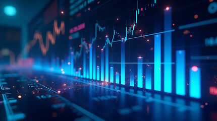 digital finance dashboard featuring glowing blue bar graphs