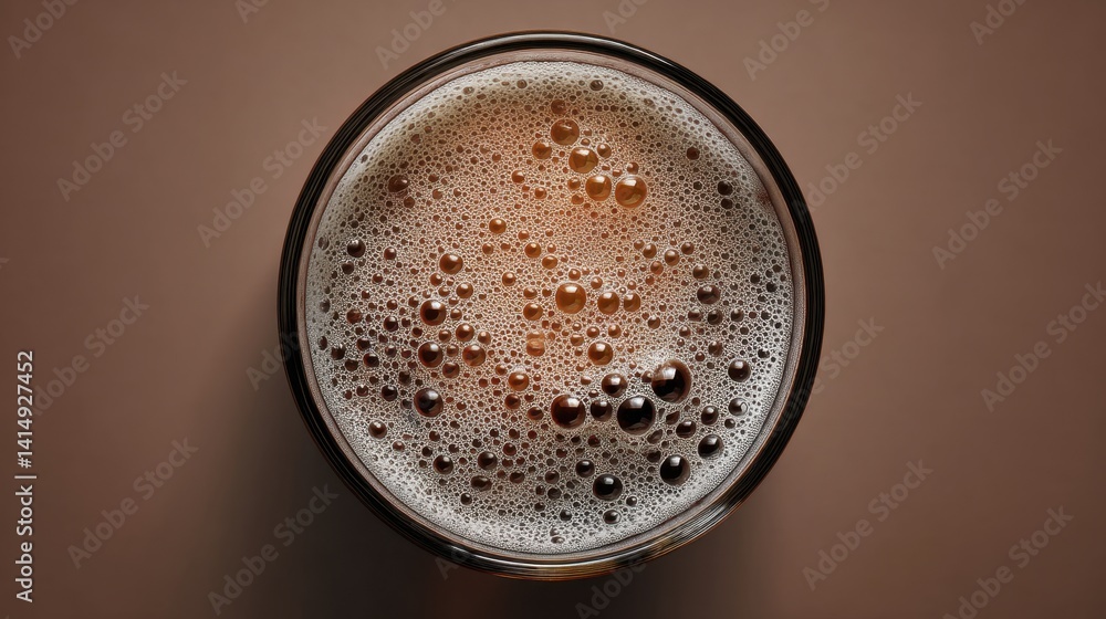 Poster refreshing dark beer with creamy foam in a glass on a solid brown background from above angle captur