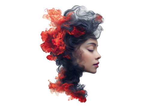 Serene profile of a woman, her hair merging with abstract, fiery ink clouds.  A captivating blend of realism and surrealism, perfect for themes of imagination, creativity, passion, or inner strength.