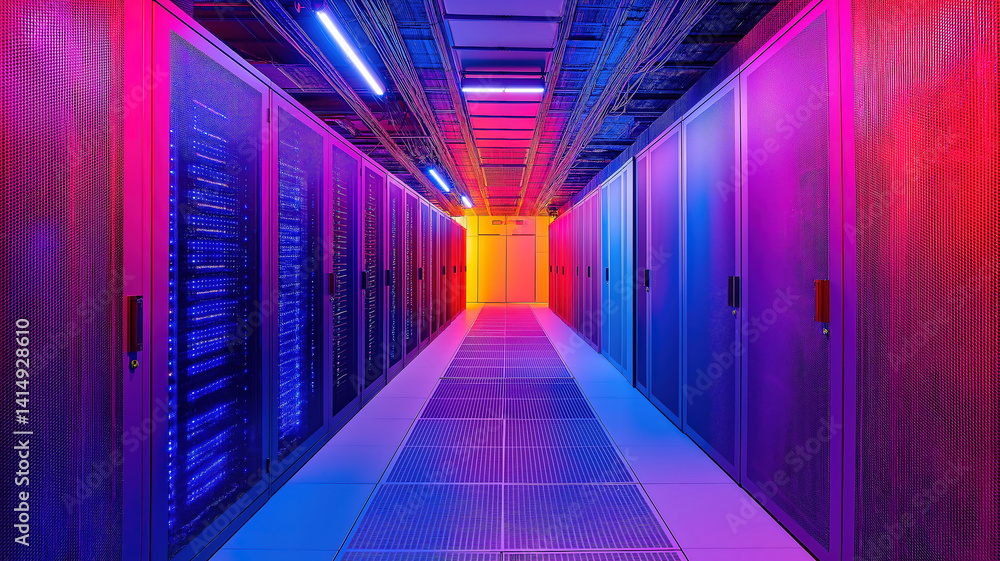Poster data center environment featuring indicators showing modern technology and network operations