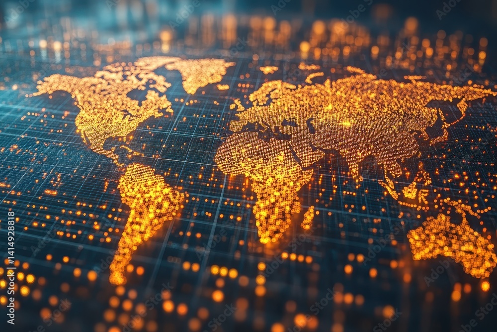 Poster global digital connections illuminate the world map with glowing data points and technological patte