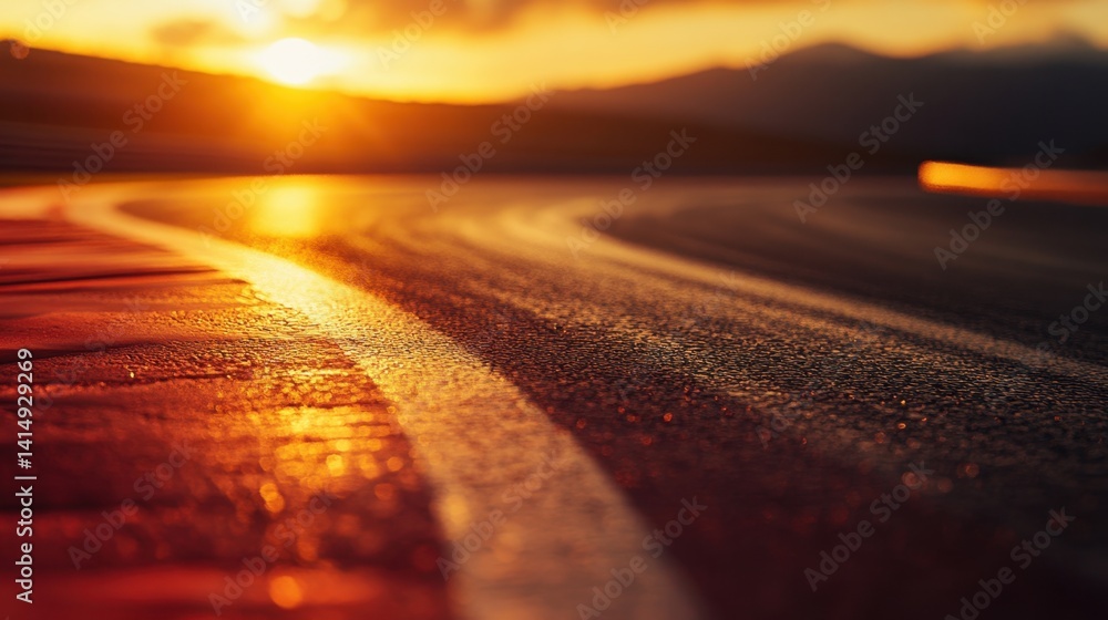 Poster golden sunset on a racing track with a smooth turn and blurred mountains creating a feeling of speed