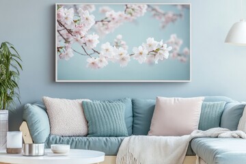 A living room featuring a light blue wall with a framed abstract painting above a sofa and decorative pillows