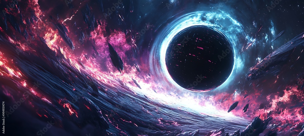 Poster futuristic elevator rises from planet to orbital ring, illuminated by advanced technology and envelo
