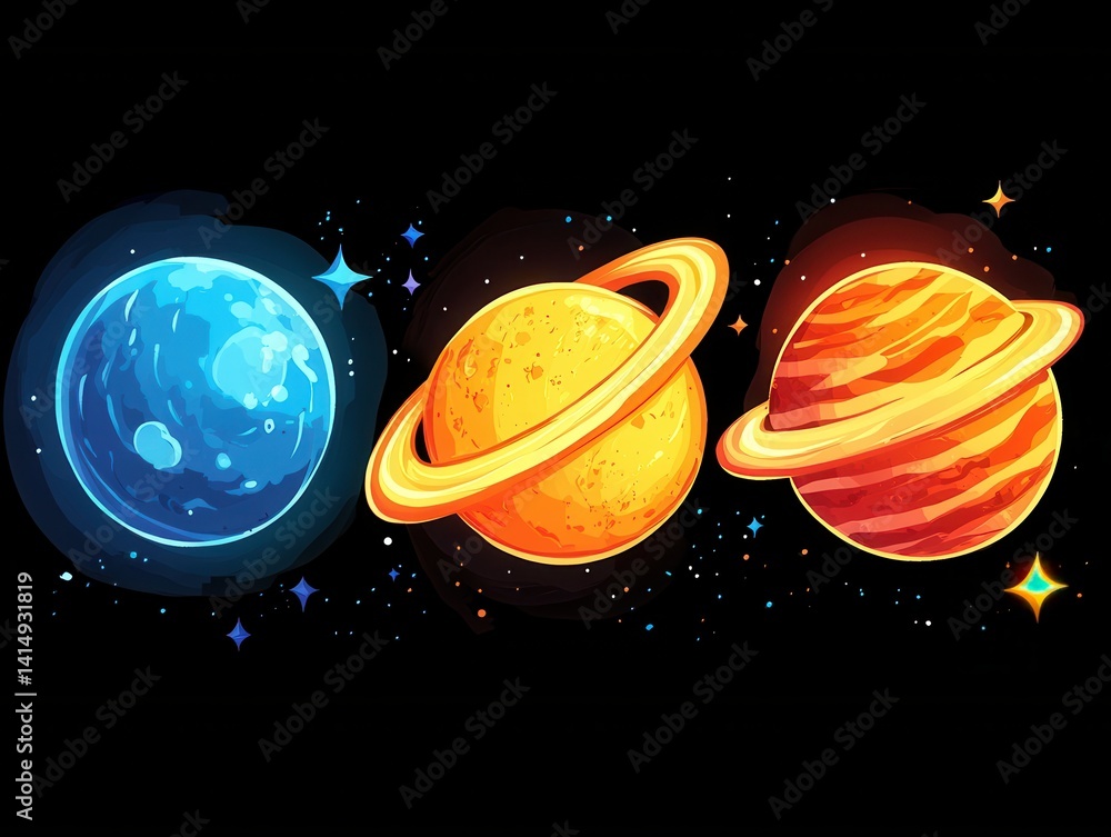 Poster vibrant planets in cosmic alignment against a dark backdrop celestial bodies in artistic rendering