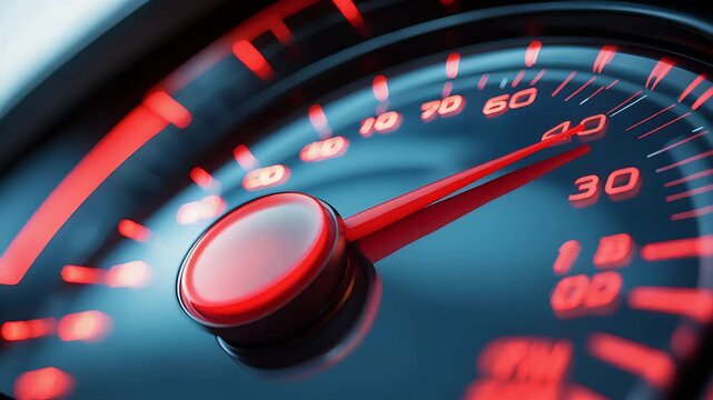Close-up view of a car's speedometer with a red needle pointing towards the speed limit, indicating fast movement.

