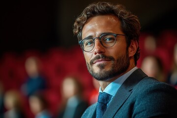 Fototapeta premium Man in formal attire with glasses seated in an auditorium during a conference event, engaging with the audience and looking thoughtful