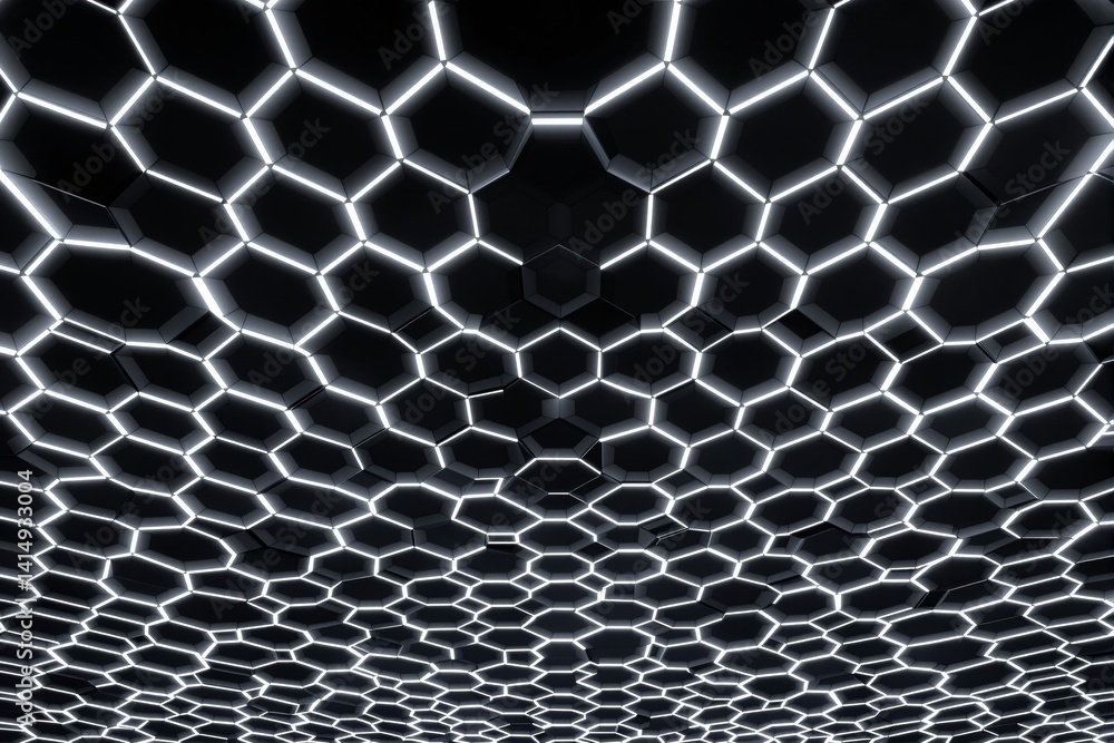 Poster Glowing hexagonal ceiling lights in a futuristic geometric architectural pattern, abstract style on a dark background, concept of digital innovation. Ai generative