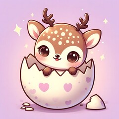 Cute cartoon baby deer with tiny antlers hatching from a cracked egg shell, surrounded by sparkles and spring elements, symbolizing new life and innocence on pastel background
