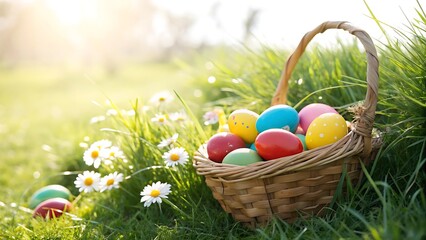 Fototapeta premium Easter egg hunt with flowers on a meadow in spring season greeting card copyspace copy space