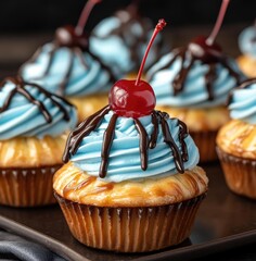 Small pastries covered with blue icing and chocolate sauce