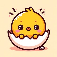 
Charming cartoon chick hatching from a cracked eggshell, depicted with a joyful expression and soft pastel tones. A playful and whimsical baby animal illustration ideal for spring, Easter, or childre