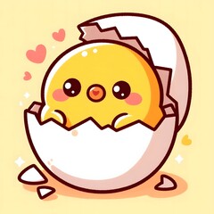
Charming cartoon chick hatching from a cracked eggshell, depicted with a joyful expression and soft pastel tones. A playful and whimsical baby animal illustration ideal for spring, Easter, or childre