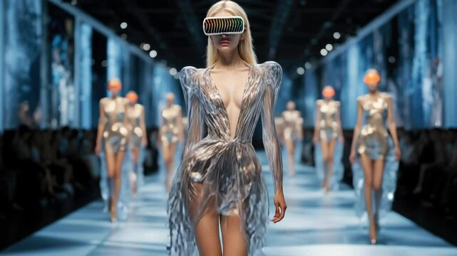 Futuristic Fashion Show: Models Showcase Augmented Reality Glasses and Cutting-Edge Clothing on the Runway