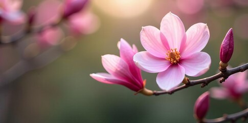 Obraz premium Beautiful pink flowers on a magnolia tree branch with soft focus background, blossom, asia
