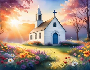 A small white country church on Easter morning, surrounded by watercolor flowers and light rising behind the cross.