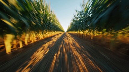 A dynamic view of a cornfield with rows of tall plants stretching towards the horizon, capturing the essence of agricultural growth.