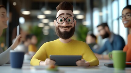 Obraz premium Coworkers enjoying lunch with digital tablets and light music in background, 3D illustration